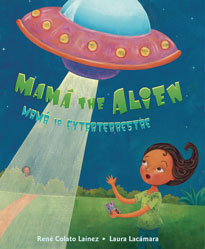 A Mother and UFO with a Little Girl Spying Behind Bushes Illustrated
