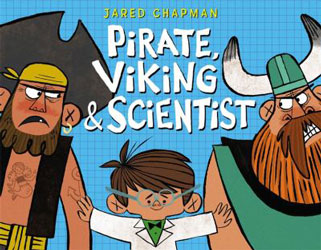 Illustration of a young scientist separating an angry pirate and viking