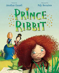 Red-headed girl observing a frog wearing a crown and two siblings in the background