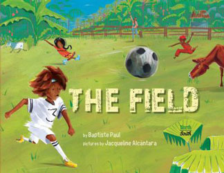 Illustration of kids playing soccer in an open pasture