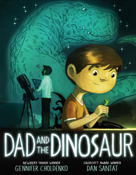 A young boy holding a toy dinosaur with dad in the background using a telescope to view a T-rex constalation