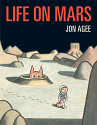 An astronaut holding a gift box walking on the surface of Mars as an alien peeks up from a crater