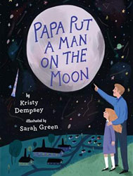 A father and daughter observing the moon from a hill top overlooking a town