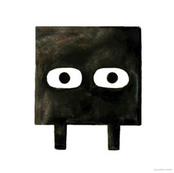 A large black painted square with two stumpy legs and a set of eyes