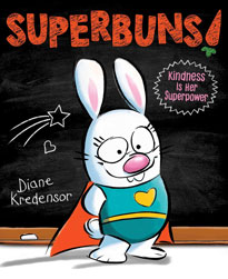 A cartoon rabbit standing in front of a chalkboard dressed in a super hero outfit