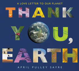 Thank You, Earth wording with nature pictures in each letter