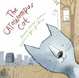 An illustrated city scene with a close up of a cat's face popping in from the corner