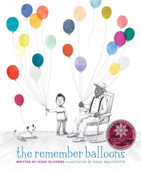 Illustration of a senior in a rocking chair, a young boy and a dog all holding colorful balloons